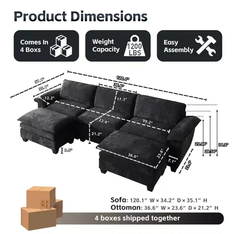 MAYEERTY Modern Luxury Sofa with Two Ottomans Soft Chenille Upholstered Sofa for Living Room Black