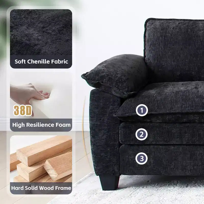 MAYEERTY Modern Luxury Sofa with Two Ottomans Soft Chenille Upholstered Sofa for Living Room Black