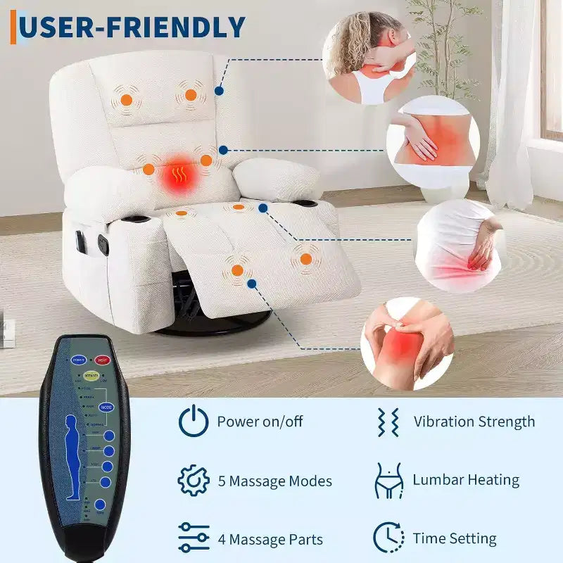 360 Swivel Rocker Recliner Chair, with Heat and Massage, Multi-Function Swivel Glider with Side Pocket & Cup Holders, for Living Room,Bedroom,Home