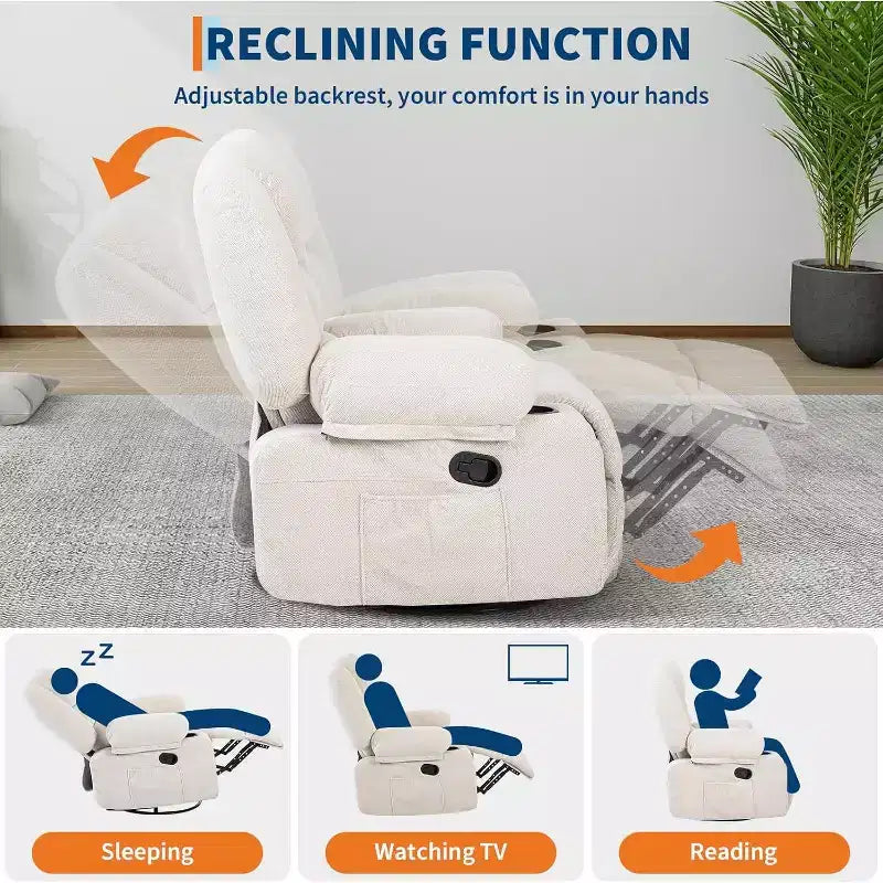 360 Swivel Rocker Recliner Chair, with Heat and Massage, Multi-Function Swivel Glider with Side Pocket & Cup Holders, for Living Room,Bedroom,Home