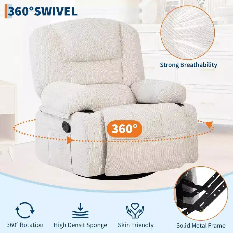 360 Swivel Rocker Recliner Chair, with Heat and Massage, Multi-Function Swivel Glider with Side Pocket & Cup Holders, for Living Room,Bedroom,Home