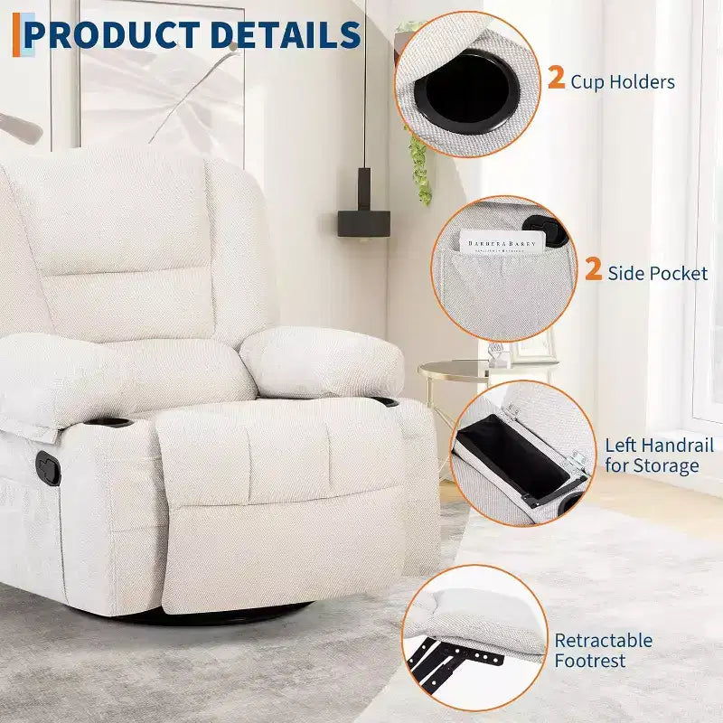 360 Swivel Rocker Recliner Chair, with Heat and Massage, Multi-Function Swivel Glider with Side Pocket & Cup Holders, for Living Room,Bedroom,Home