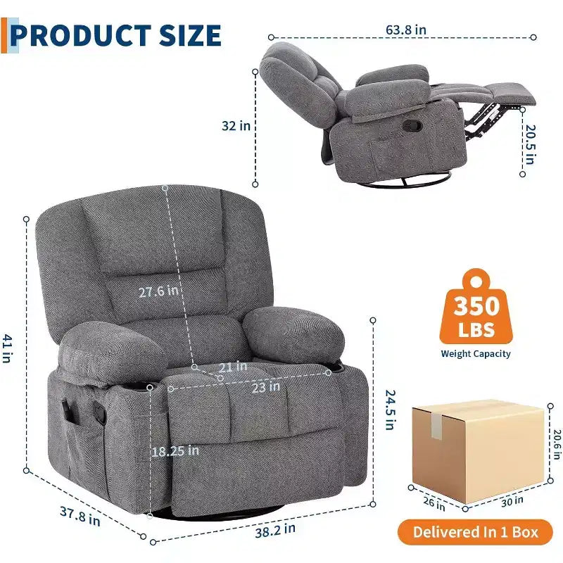 360 Swivel Rocker Recliner Chair, with Heat and Massage, Multi-Function Swivel Glider with Side Pocket & Cup Holders, for Living Room,Bedroom,Home