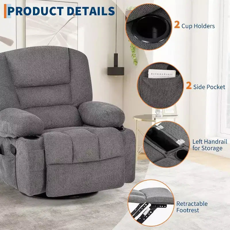 360 Swivel Rocker Recliner Chair, with Heat and Massage, Multi-Function Swivel Glider with Side Pocket & Cup Holders, for Living Room,Bedroom,Home