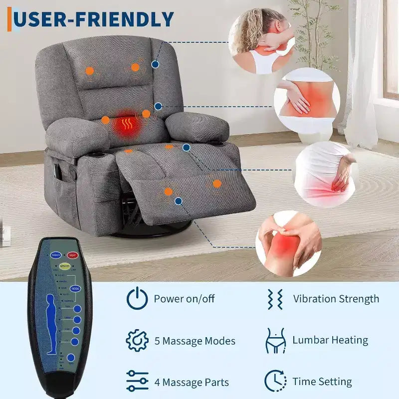 360 Swivel Rocker Recliner Chair, with Heat and Massage, Multi-Function Swivel Glider with Side Pocket & Cup Holders, for Living Room,Bedroom,Home