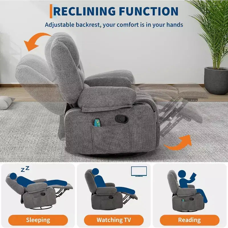 360 Swivel Rocker Recliner Chair, with Heat and Massage, Multi-Function Swivel Glider with Side Pocket & Cup Holders, for Living Room,Bedroom,Home