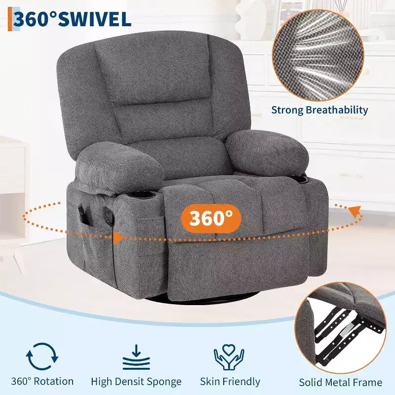 360 Swivel Rocker Recliner Chair, with Heat and Massage, Multi-Function Swivel Glider with Side Pocket & Cup Holders, for Living Room,Bedroom,Home