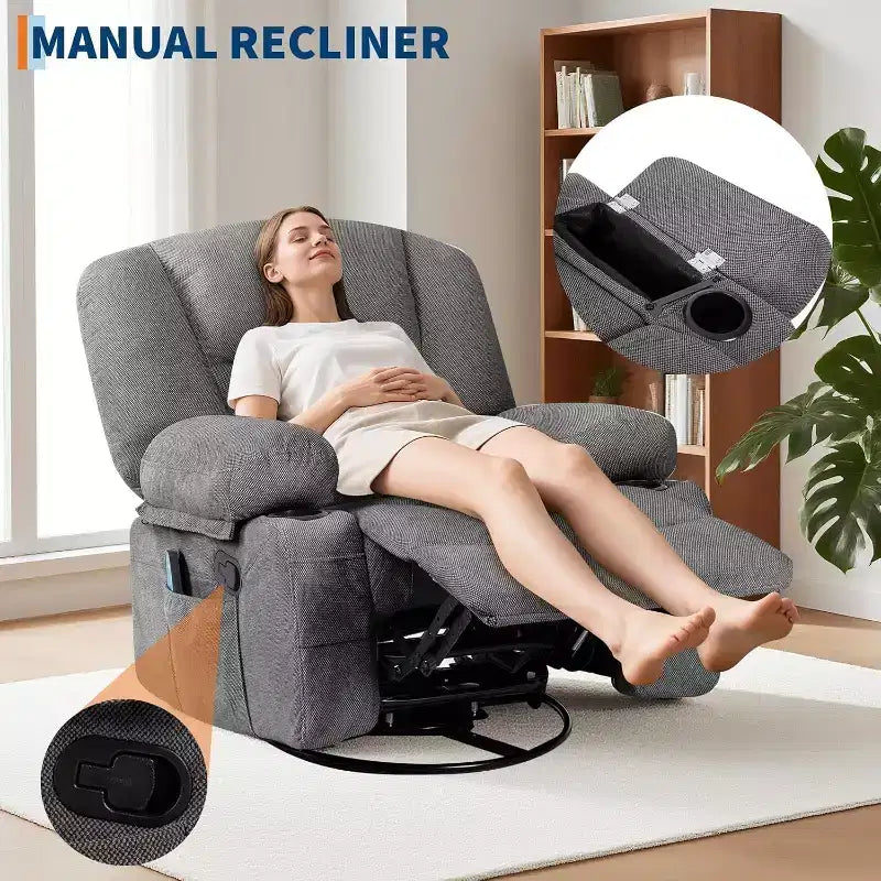 360 Swivel Rocker Recliner Chair, with Heat and Massage, Multi-Function Swivel Glider with Side Pocket & Cup Holders, for Living Room,Bedroom,Home