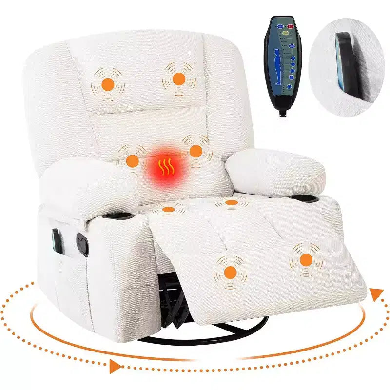 Fauteuil inclinable 360° avec fonction bascule, chauffage et massage, Fauteuil pivotant multifonctionnel avec poches latérales et porte-gobelets, pour salon, chambre à coucher, maison