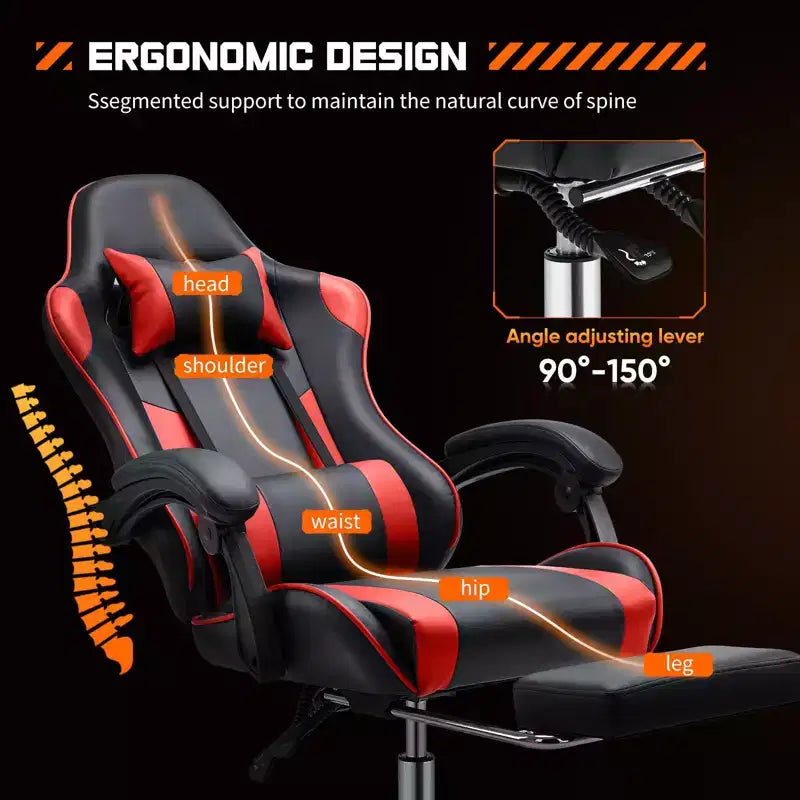 TUYOHW Ergonomic Gaming Chair with Footrest, PU Leather Recliner with Headrest and Fixed Up Armrest, Computer Chair for Study, Office