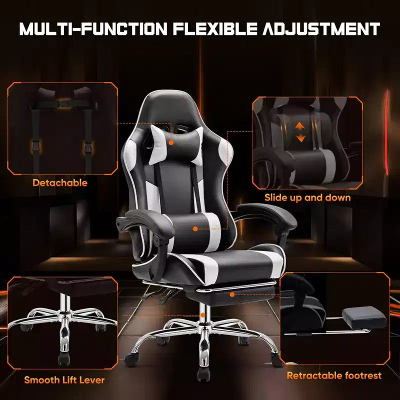 TUYOHW Ergonomic Gaming Chair with Footrest, PU Leather Recliner with Headrest and Fixed Up Armrest, Computer Chair for Study, Office