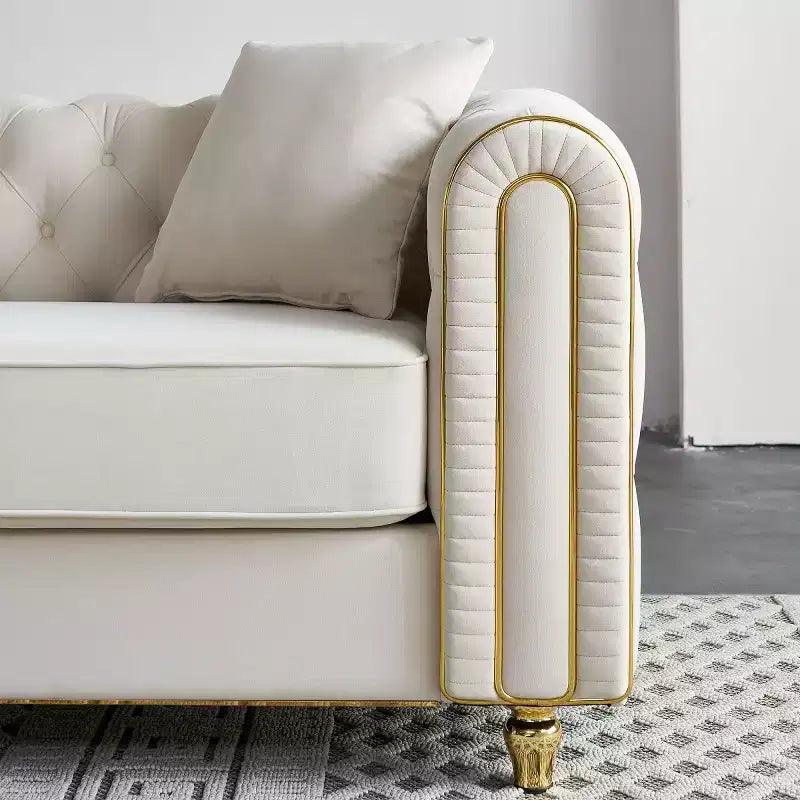 Canapé Chesterfield touffeté de luxe moderne de 86 po, canapé 3 places avec accoudoirs arrondis et bordure dorée pour salon, chambre ou appartement - Panipeachy
