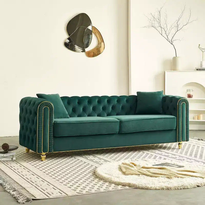 Canapé Chesterfield touffeté de luxe moderne de 86 po, canapé 3 places avec accoudoirs arrondis et bordure dorée pour salon, chambre ou appartement - Panipeachy