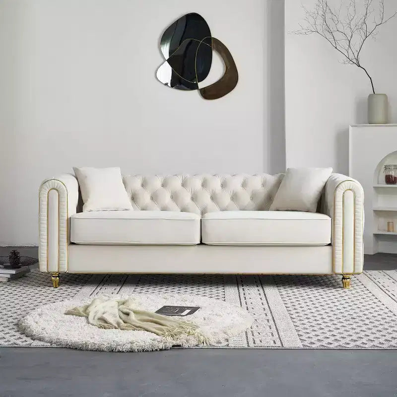 86 Luxury Modern Tufted Chesterfield Sofa, 3-Seater Couch with Rolled Arms and Gold Trim for Living Room, Bedroom, or Apartment-Panipeachy