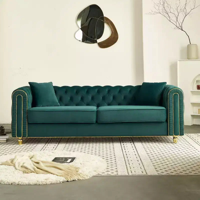 86 Luxury Modern Tufted Chesterfield Sofa, 3-Seater Couch with Rolled Arms and Gold Trim for Living Room, Bedroom, or Apartment-Panipeachy