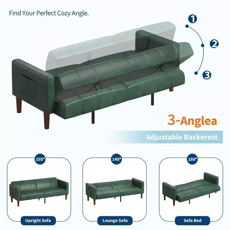 Acekool Canapé-Lit Futon 75 Pouces, Canapé Convertible en Simili Cuir, Causeuse Moderne de Style Mid-Century pour Petits Espaces, Salon, Chambre à Coucher, Vert