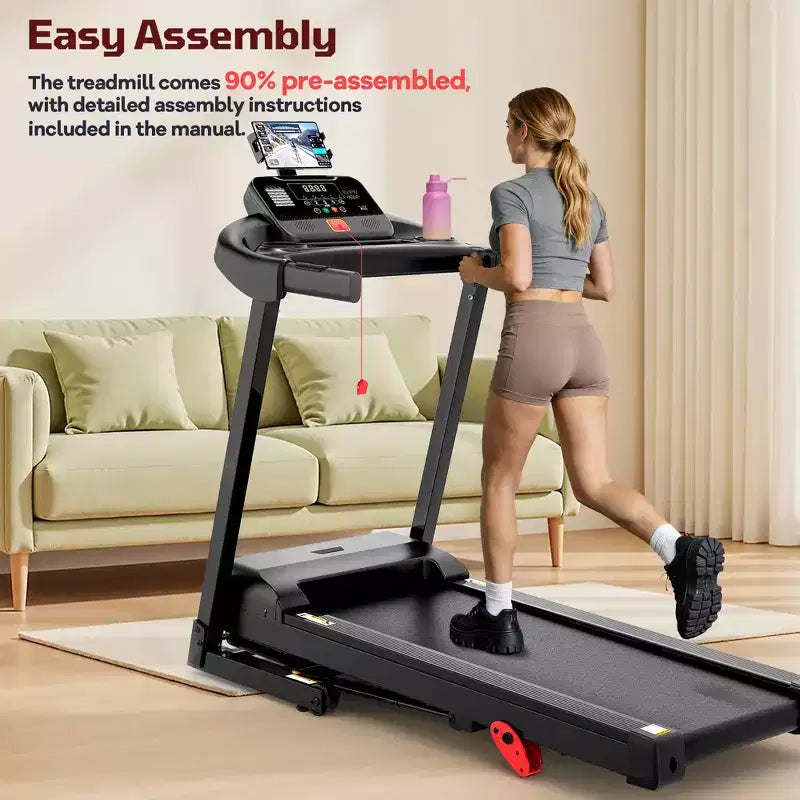 Tapis de course pliable 3,5 CV pour la maison/le bureau, inclinaison sur 3 niveaux, 12 km/h, 64 programmes, cours GRATUITS et contrôle par application, moniteur de fréquence cardiaque, tapis de course pour la course et la marche
