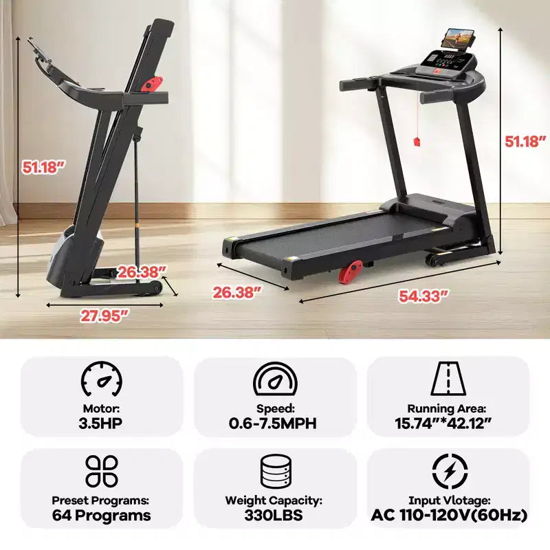 Tapis de course pliable 3,5 CV pour la maison/le bureau, inclinaison sur 3 niveaux, 12 km/h, 64 programmes, cours GRATUITS et contrôle par application, moniteur de fréquence cardiaque, tapis de course pour la course et la marche
