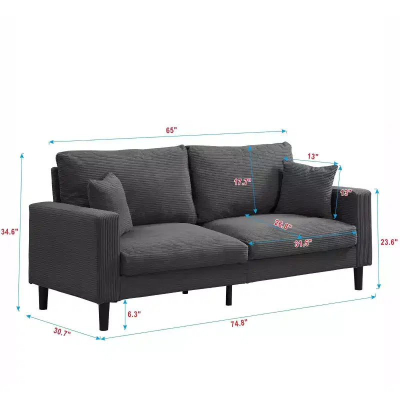 TUYOHW Canapé 3 places en velours côtelé haute résilience de 190 cm avec 2 coussins pour salon, chambre, appartement