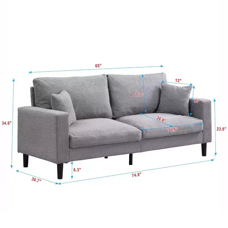 TUYOHW Canapé 3 places en velours côtelé haute résilience de 190 cm avec 2 coussins pour salon, chambre, appartement