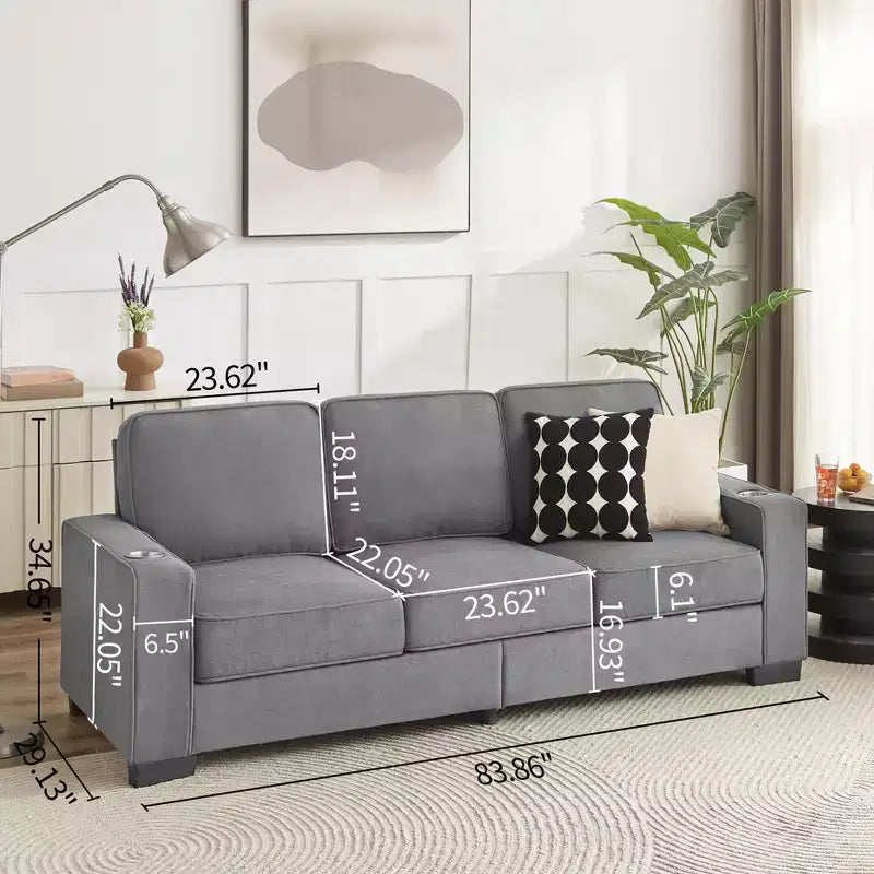 TUYOHW 83.86 Inch Modern Snowfleece Couch,3-Seater Sofa with 2 Cup Holders for Living Room,Bedroom,Office,Apartment