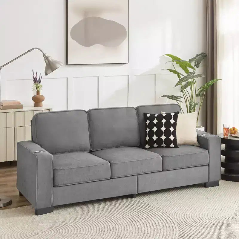 TUYOHW 83.86 Inch Modern Snowfleece Couch,3-Seater Sofa with 2 Cup Holders for Living Room,Bedroom,Office,Apartment