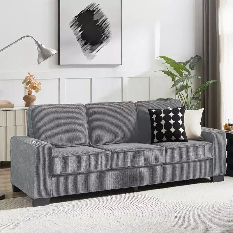 TUYOHW 83.86 Inch Modern Corduroy Couch,3-Seater Sofa with 2 Cup Holders for Living Room,Bedroom,Office,Apartment,Gray