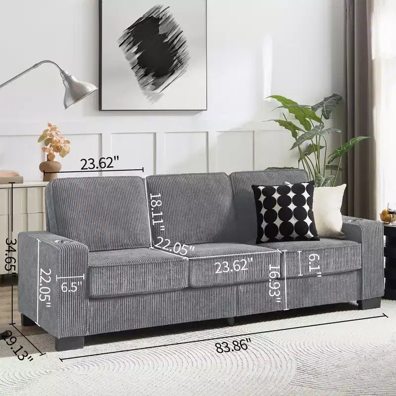 TUYOHW 83.86 Inch Modern Corduroy Couch,3-Seater Sofa with 2 Cup Holders for Living Room,Bedroom,Office,Apartment,Gray