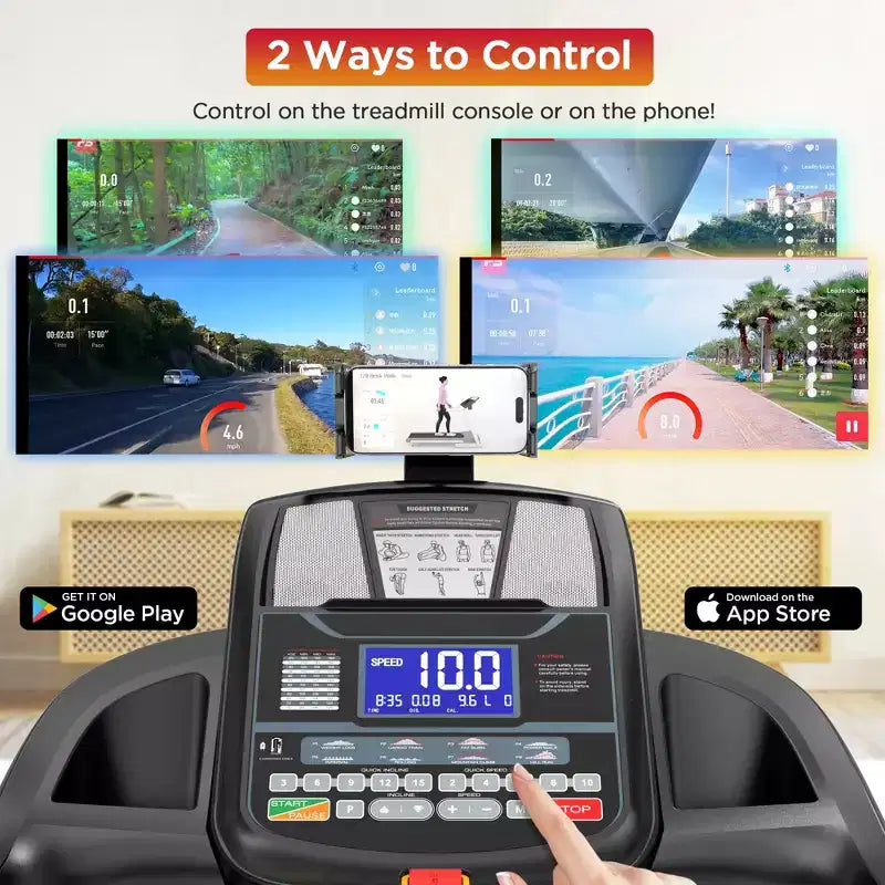Tapis de course 4,5 CV en liquidation, machine de jogging avec contrôle par application et haut-parleur Bluetooth