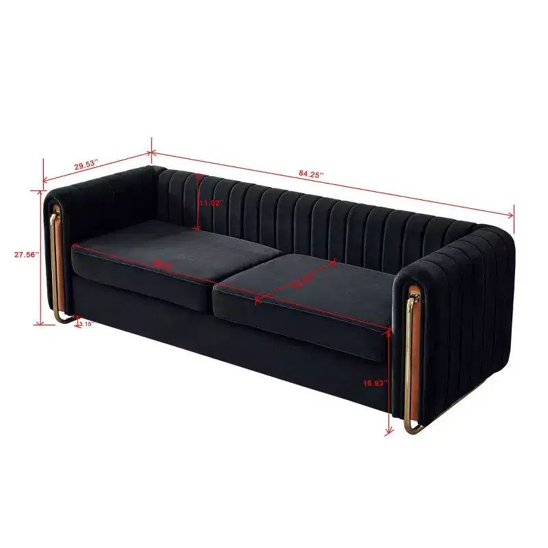 Canapé moderne de 84 pouces en velours, canapé 3 places avec pieds en métal doré et accoudoirs roulés pour salon, chambre ou appartement - Panipeachy
