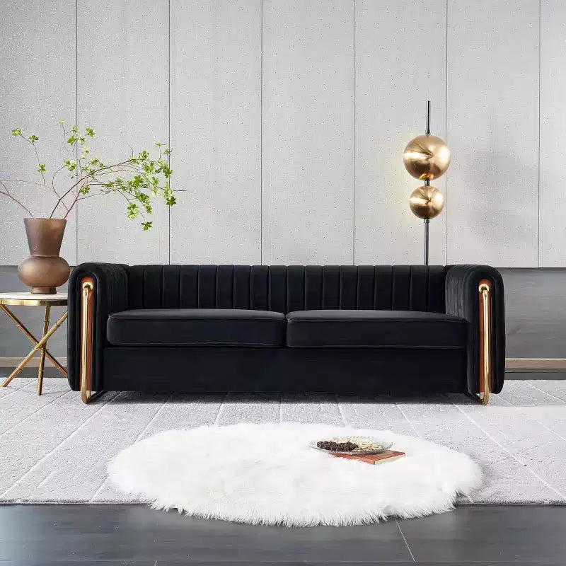 84 Modern Velvet Upholstered Sofa, 3-Seater Sofa Couch with Gold Metal Legs and Rolled Arms for Living Room, Bedroom, or Apartment-Panipeachy