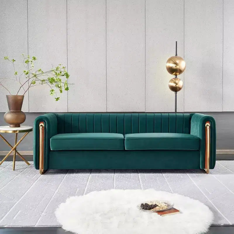 84 Modern Velvet Upholstered Sofa, 3-Seater Sofa Couch with Gold Metal Legs and Rolled Arms for Living Room, Bedroom, or Apartment-Panipeachy