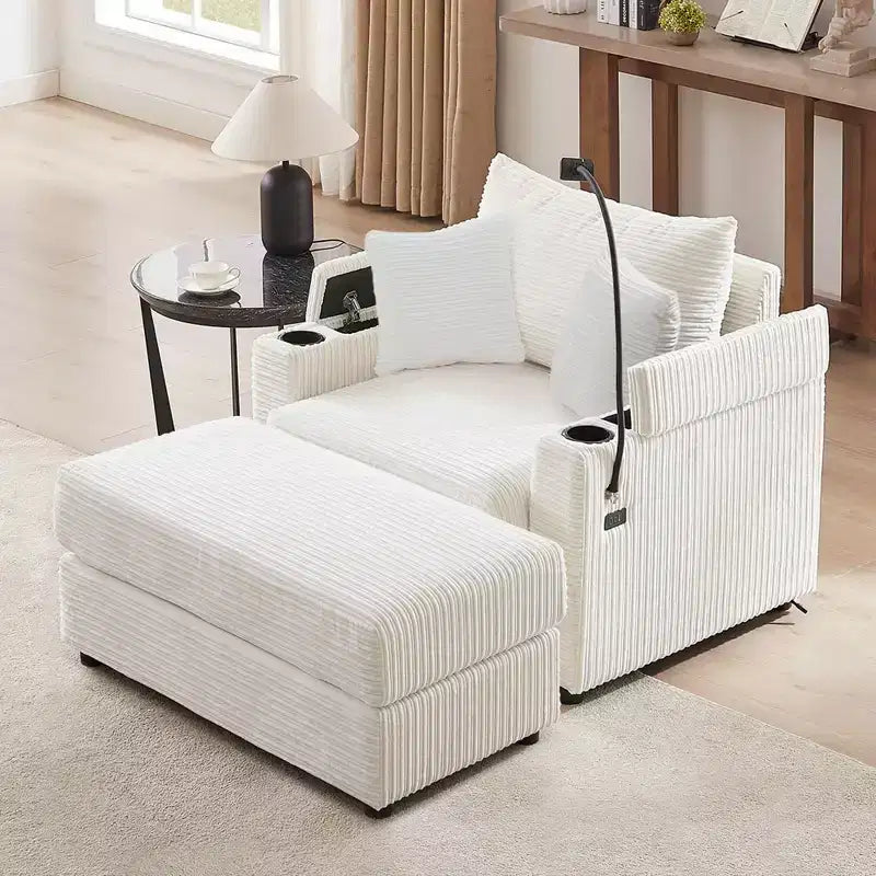MAYEERTY 41.7 Modern Single Sofa with Storage Ottoman Two Ports and Holder for Living Room Beige