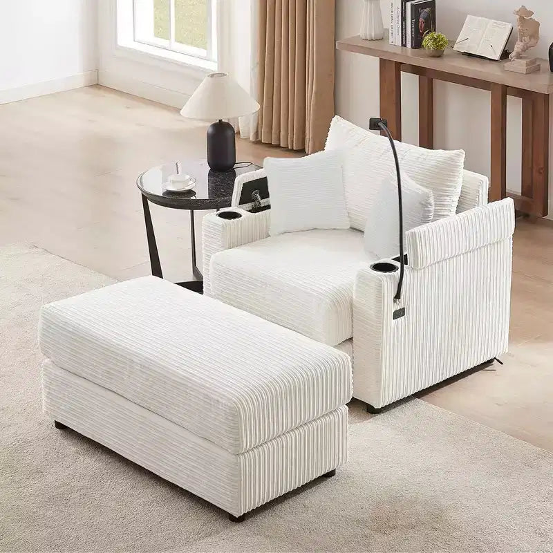 MAYEERTY 41.7 Modern Single Sofa with Storage Ottoman Two Ports and Holder for Living Room Beige
