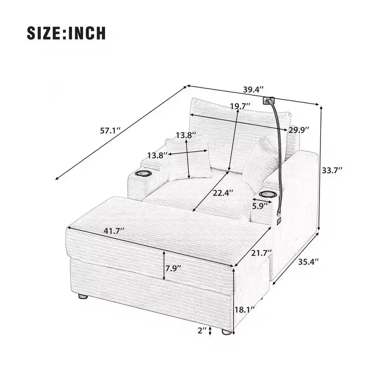 MAYEERTY 41.7 Modern Single Sofa with Storage Ottoman Two Ports and Holder for Living Room Beige