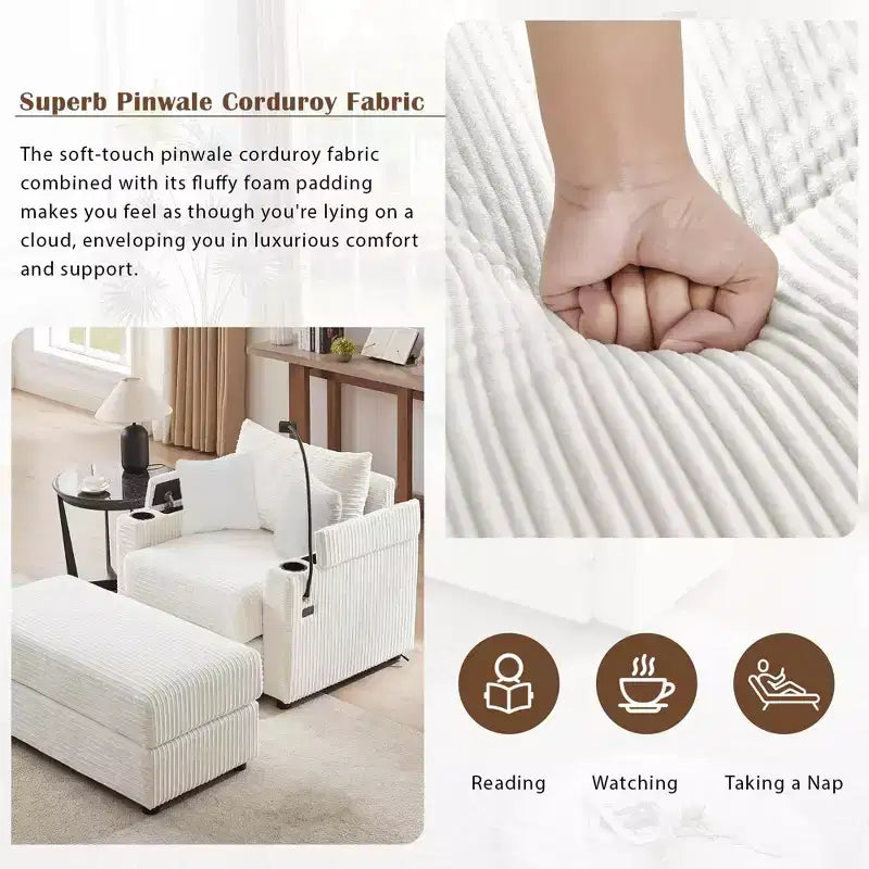 MAYEERTY 41.7 Modern Single Sofa with Storage Ottoman Two Ports and Holder for Living Room Beige