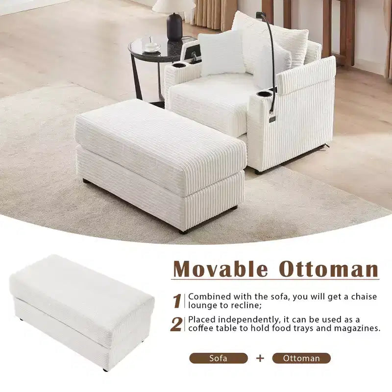 MAYEERTY 41.7 Modern Single Sofa with Storage Ottoman Two Ports and Holder for Living Room Beige