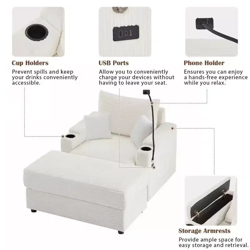 MAYEERTY 41.7 Modern Single Sofa with Storage Ottoman Two Ports and Holder for Living Room Beige