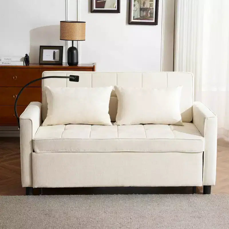 MAYEERTY 56.9 Loveseat Sofa Pull-out Sofa Bed with Reversible Backrest Cushion Sode Pockets Holder for Living Room Beige
