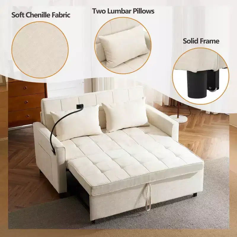 MAYEERTY 56.9 Loveseat Sofa Pull-out Sofa Bed with Reversible Backrest Cushion Sode Pockets Holder for Living Room Beige