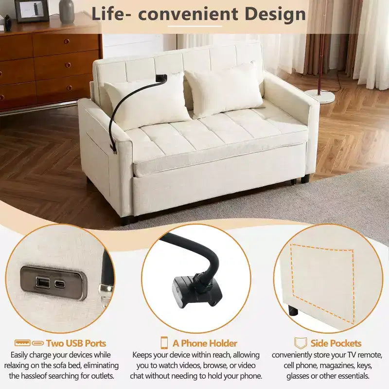 MAYEERTY 56.9 Loveseat Sofa Pull-out Sofa Bed with Reversible Backrest Cushion Sode Pockets Holder for Living Room Beige