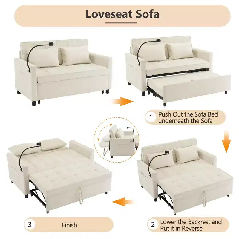 MAYEERTY 56.9 Loveseat Sofa Pull-out Sofa Bed with Reversible Backrest Cushion Sode Pockets Holder for Living Room Beige
