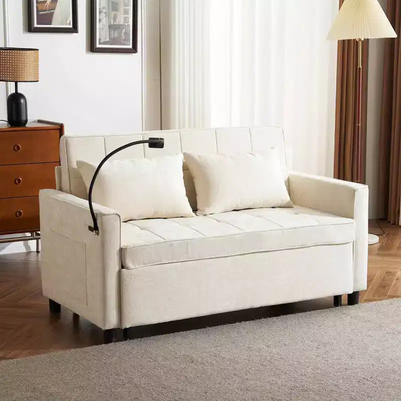 MAYEERTY 56.9 Loveseat Sofa Pull-out Sofa Bed with Reversible Backrest Cushion Sode Pockets Holder for Living Room Beige