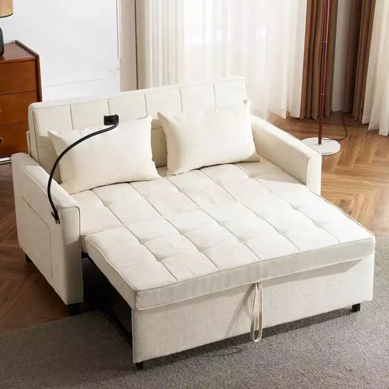 MAYEERTY 56.9 Loveseat Sofa Pull-out Sofa Bed with Reversible Backrest Cushion Sode Pockets Holder for Living Room Beige