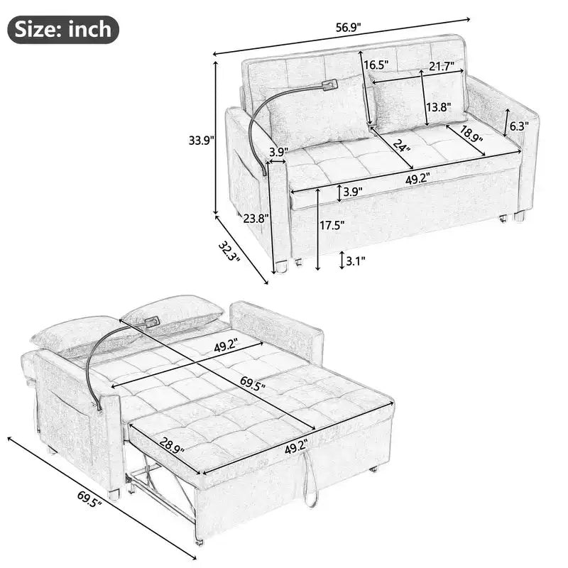 MAYEERTY 56.9 Loveseat Sofa Pull-out Sofa Bed with Reversible Backrest Cushion Sode Pockets Holder for Living Room Beige