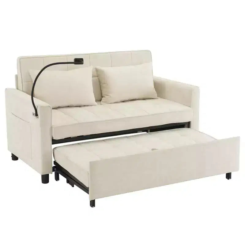 MAYEERTY 56.9 Loveseat Sofa Pull-out Sofa Bed with Reversible Backrest Cushion Sode Pockets Holder for Living Room Beige