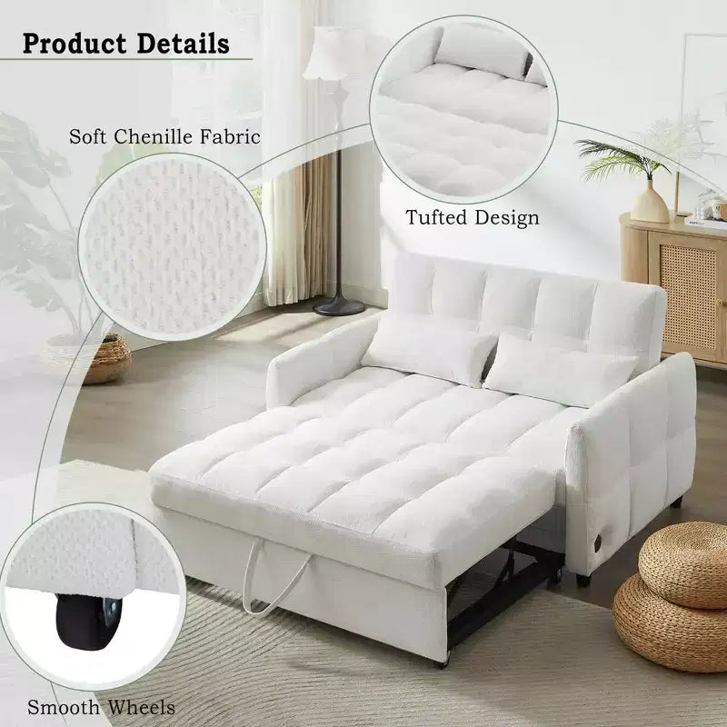 MAYEERTY 52.8 Loveseat Sofa Pull-out Sofa Bed Tufted with Adjustable Backrest Two Lumbar Pillows for Living Room Beige