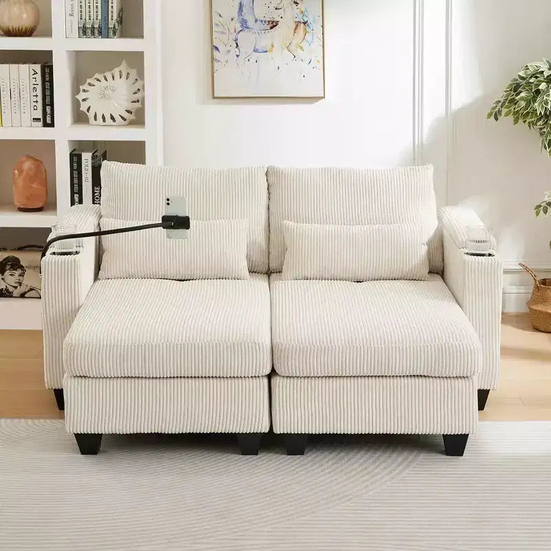 MAYEERTY Convertible Chaise Loveseat Sofa Bed Corduroy Sleeper Sofa with Ports Two Cup Holders for Living Room Beige