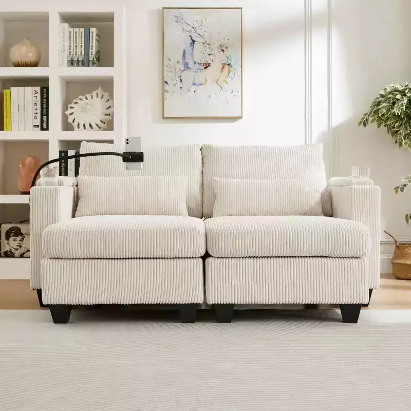 MAYEERTY Convertible Chaise Loveseat Sofa Bed Corduroy Sleeper Sofa with Ports Two Cup Holders for Living Room Beige