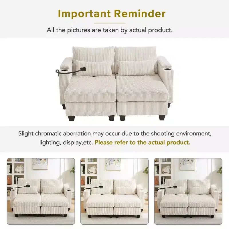 MAYEERTY Convertible Chaise Loveseat Sofa Bed Corduroy Sleeper Sofa with Ports Two Cup Holders for Living Room Beige